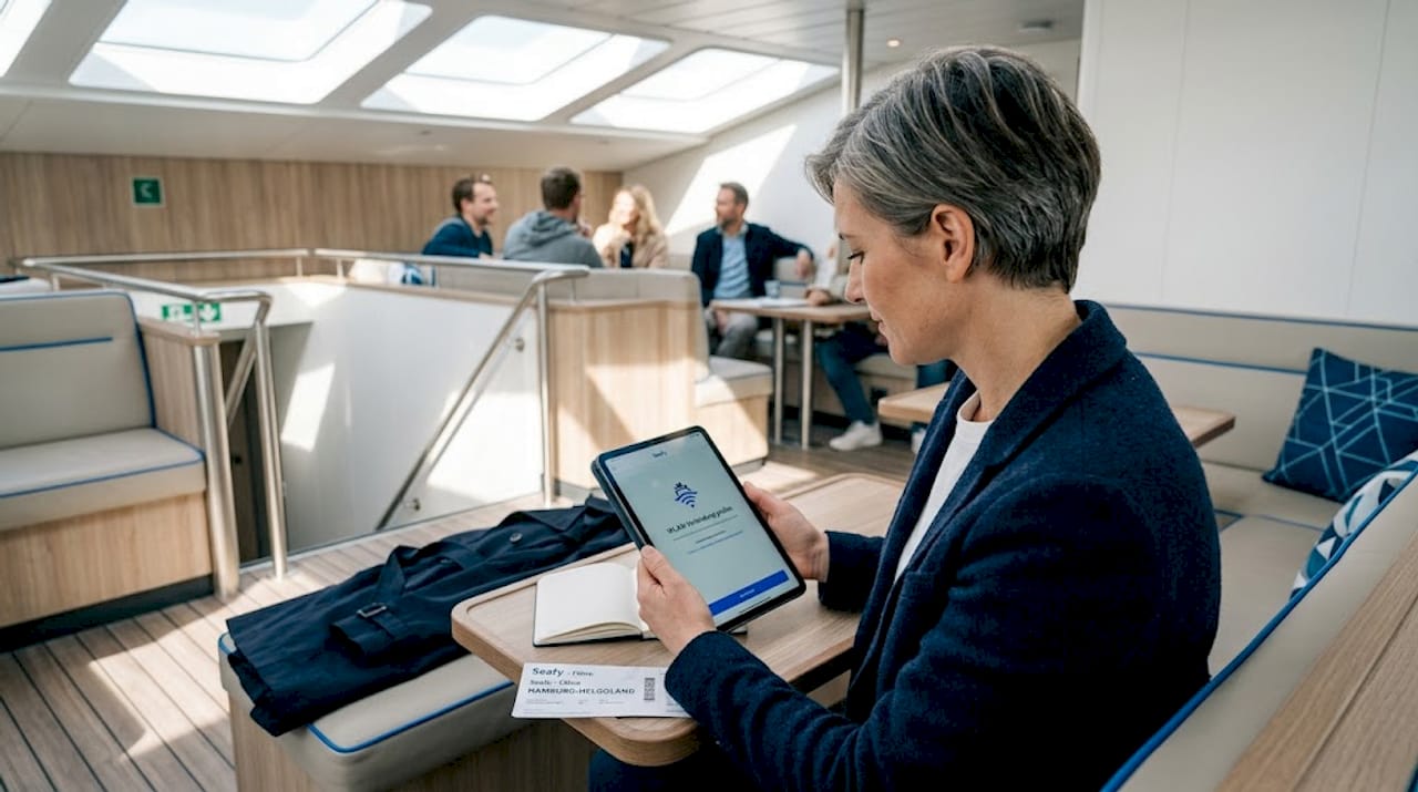 Eine Frau überprüft das WLAN auf einer Fähre.