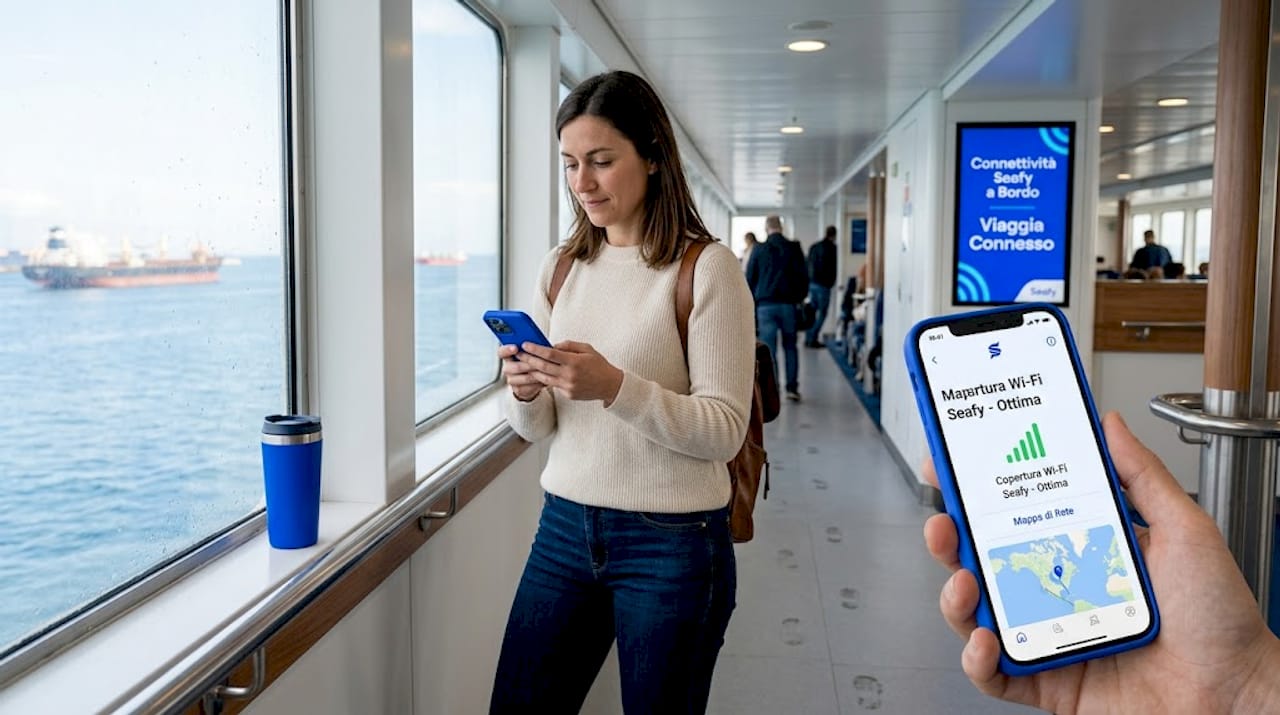 Donna che controlla la connessione Wi-Fi mentre è sul traghetto