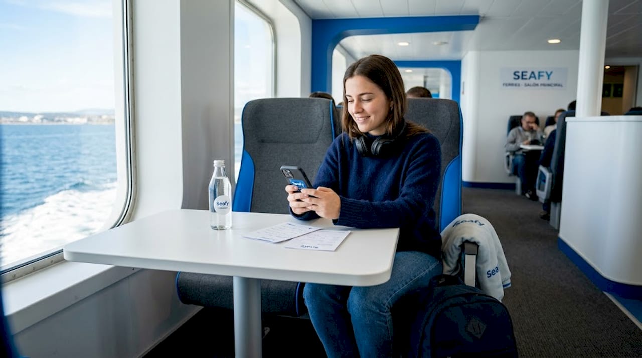 Una mujer conecta el Wi-Fi mientras viaja en un ferry.