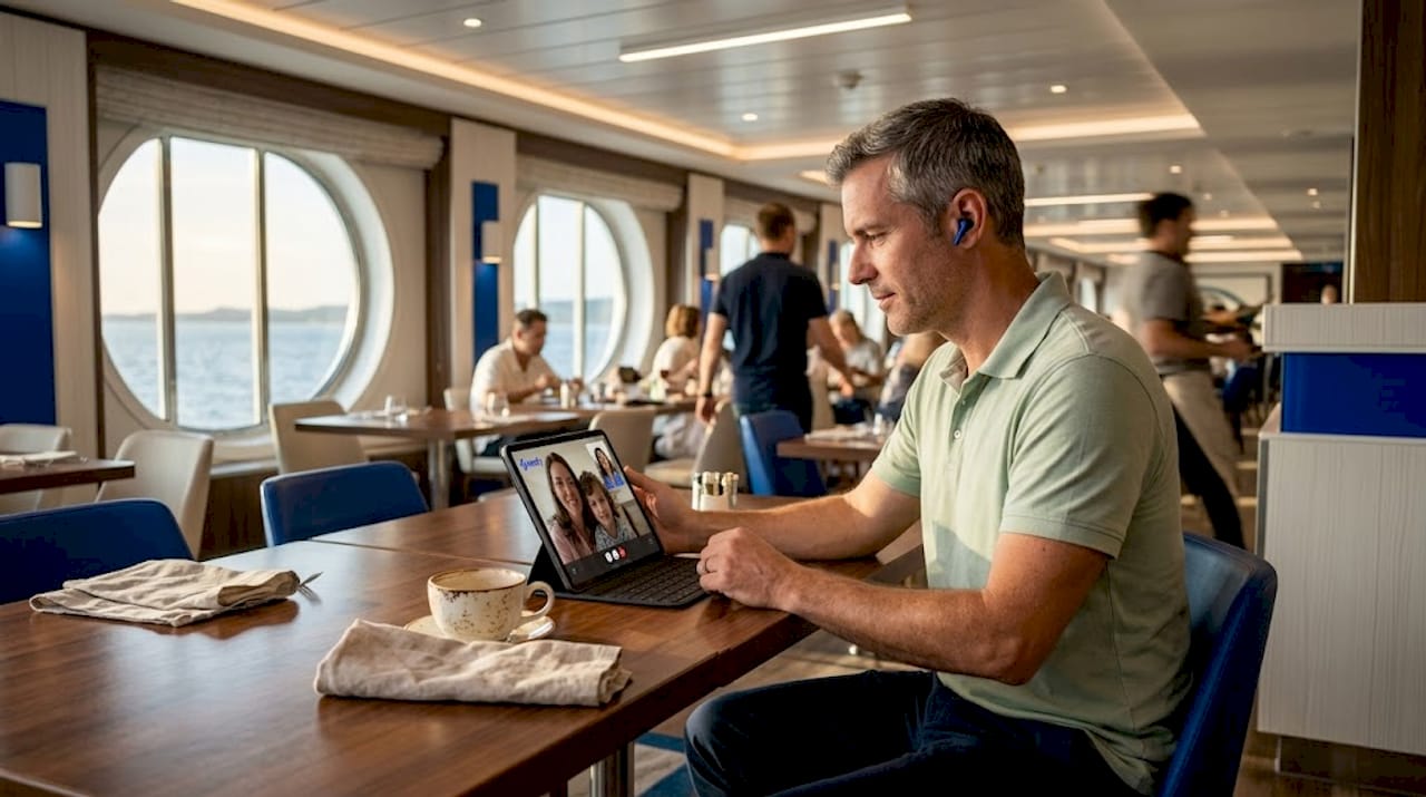 Passenger using Wi-Fi in ship restaurant