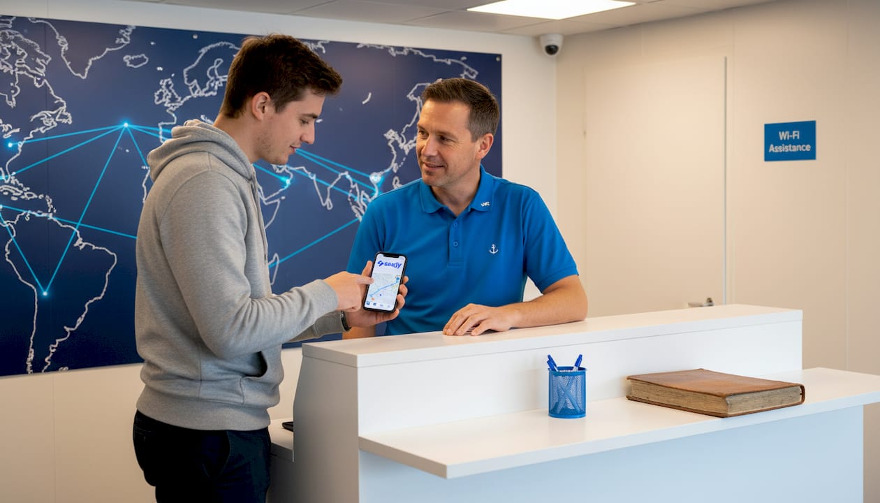 Ferry crew member assisting with Wi-Fi issue