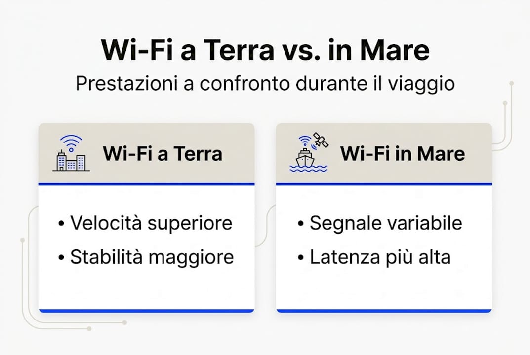 Infografica: differenze tra connessione Wi-Fi a terra e a bordo nave