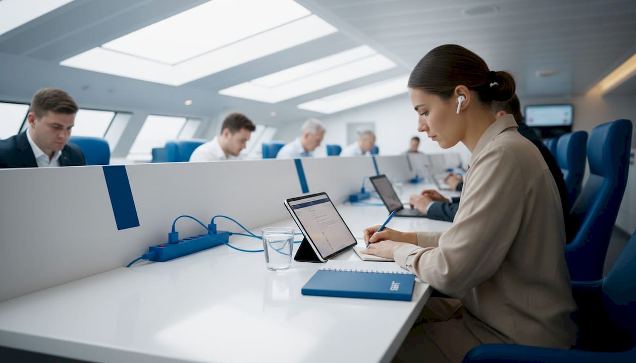 Una donna lavora al tablet mentre si trova a bordo di una nave.