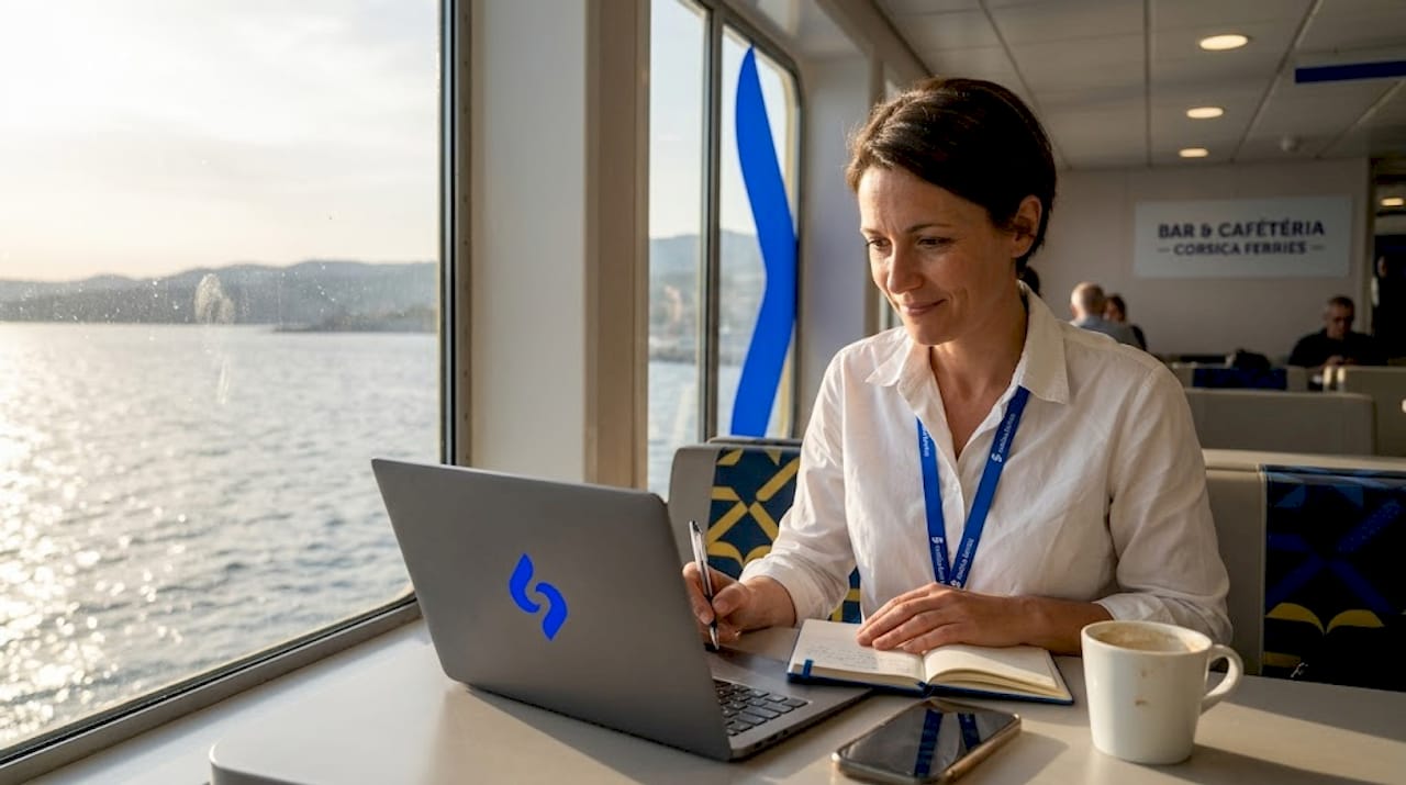Une femme profite de la traversée en ferry pour travailler grâce au Wi-Fi à bord.