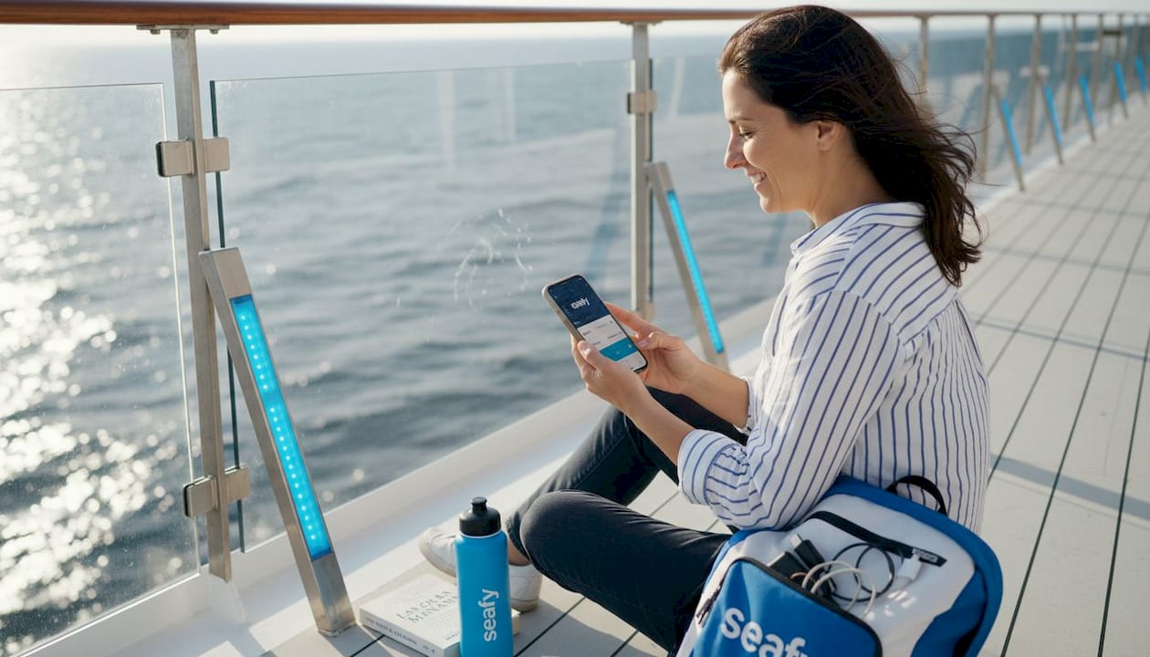 Una mujer disfruta del paisaje en la cubierta de un barco mientras revisa su móvil conectada al Wi-Fi.