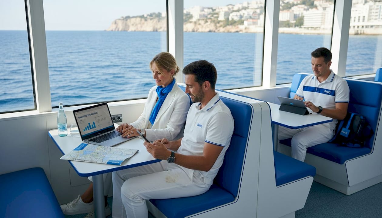 Viele Fahrgäste surfen während der Überfahrt mit der Fähre im Internet.