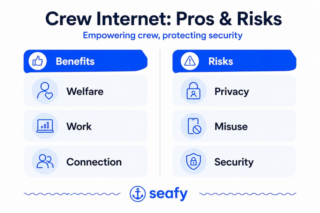 Infographic comparing internet benefits and risks for crew