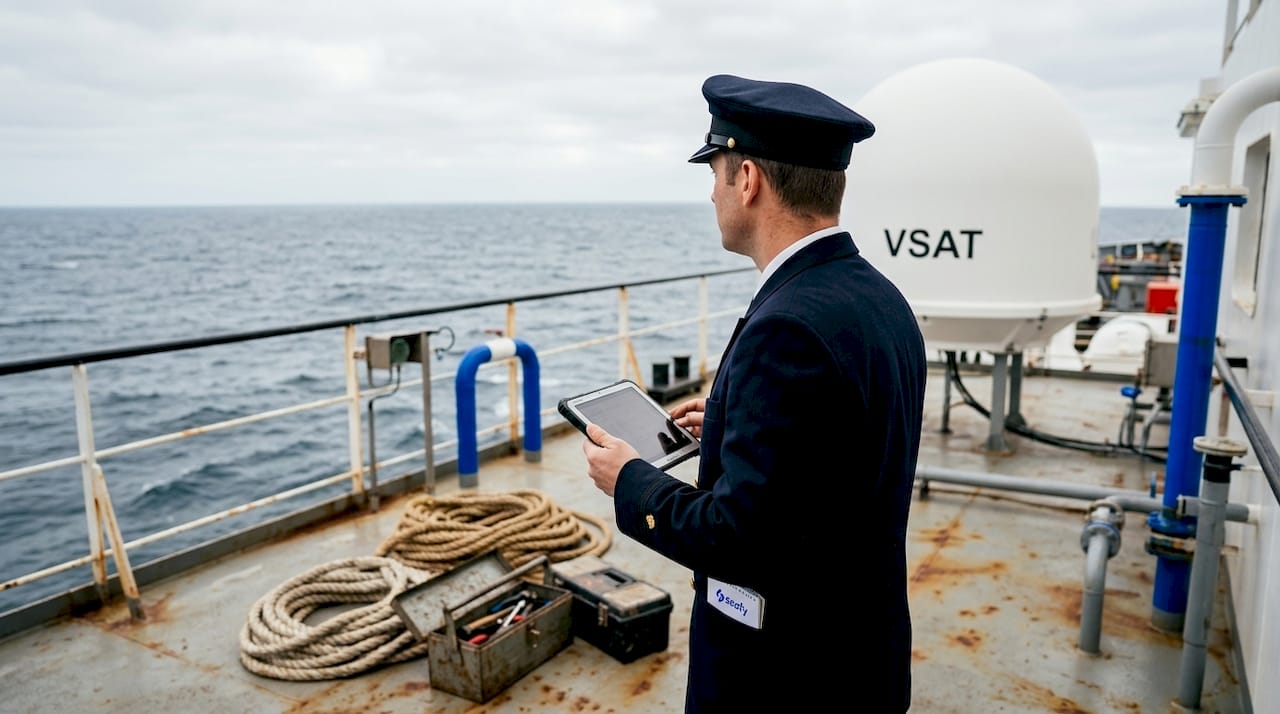 Ship officer checks tablet near satellite equipment
