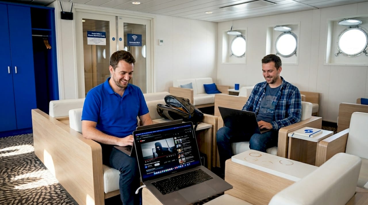 Des voyageurs installés dans le salon du ferry travaillent sur leur ordinateur portable.