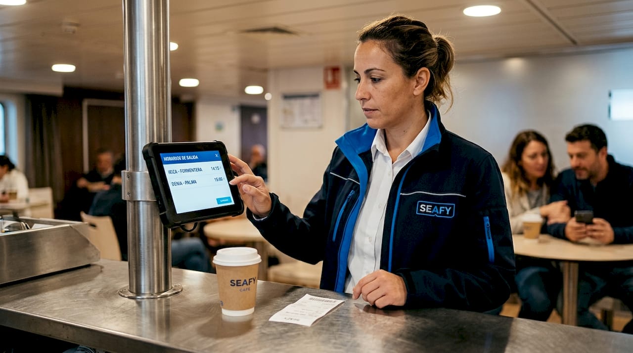 Una empleada revisa documentos mientras viaja en el ferry.