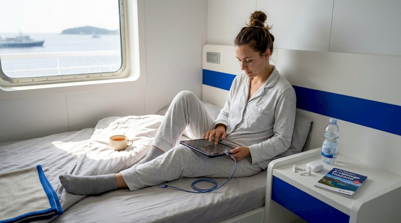 Una donna consulta il suo tablet comodamente seduta nella cabina di un traghetto.
