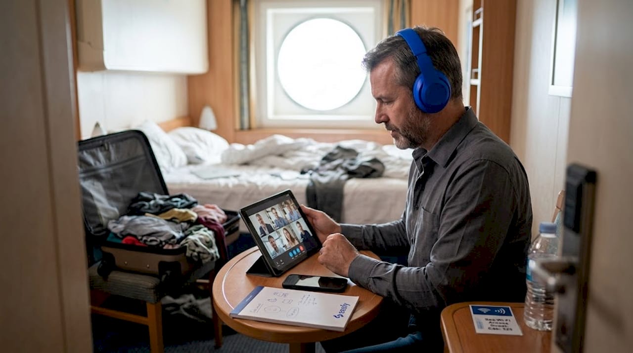 Passenger joins video call in cruise cabin