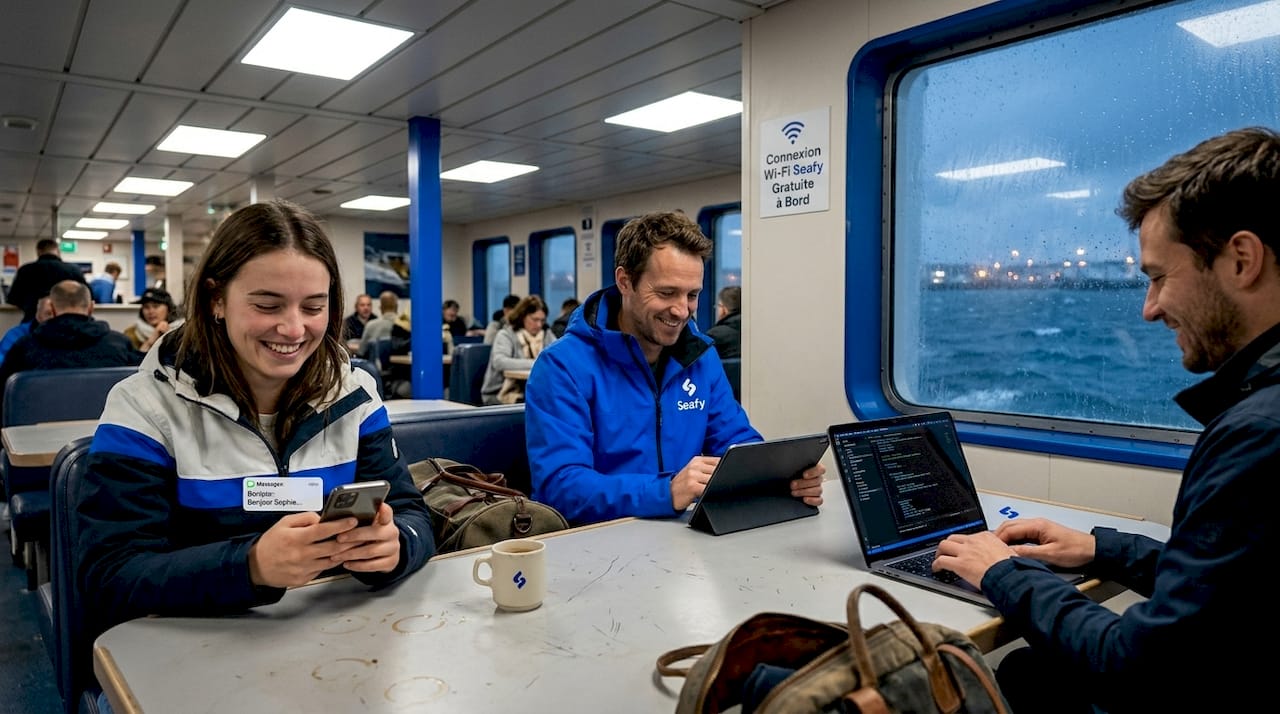 Les voyageurs profitant du Wi-Fi à bord pour utiliser leurs appareils