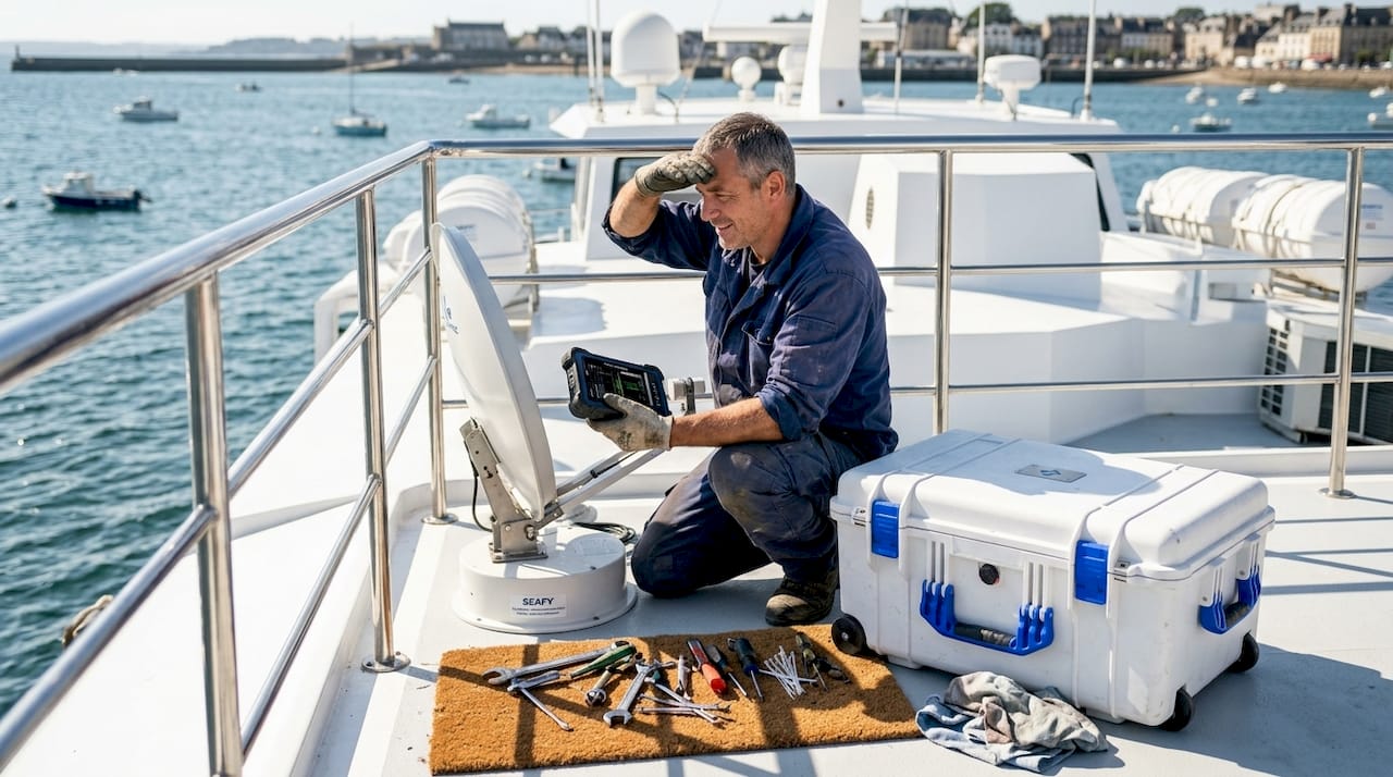 Un technicien procède au réglage de la connexion satellite à bord du navire.