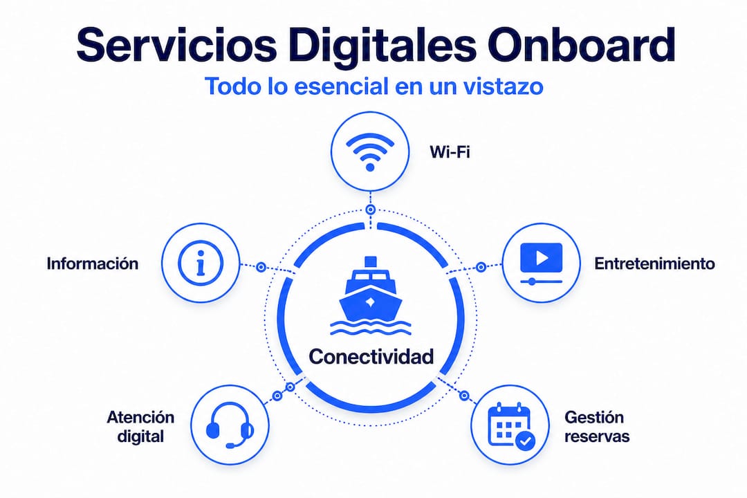 Descubre en esta infografía las soluciones digitales disponibles para mejorar tu experiencia a bordo de un ferry.