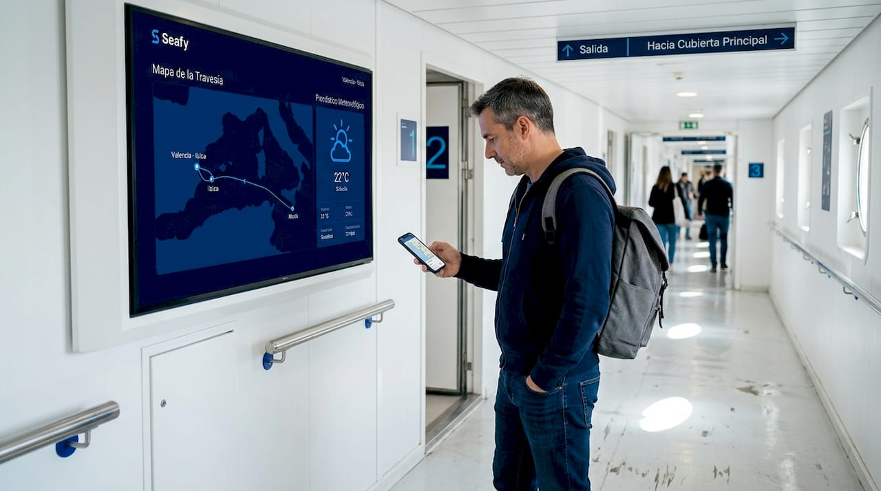 Un viajero consulta información en su dispositivo mientras cruza en ferry.