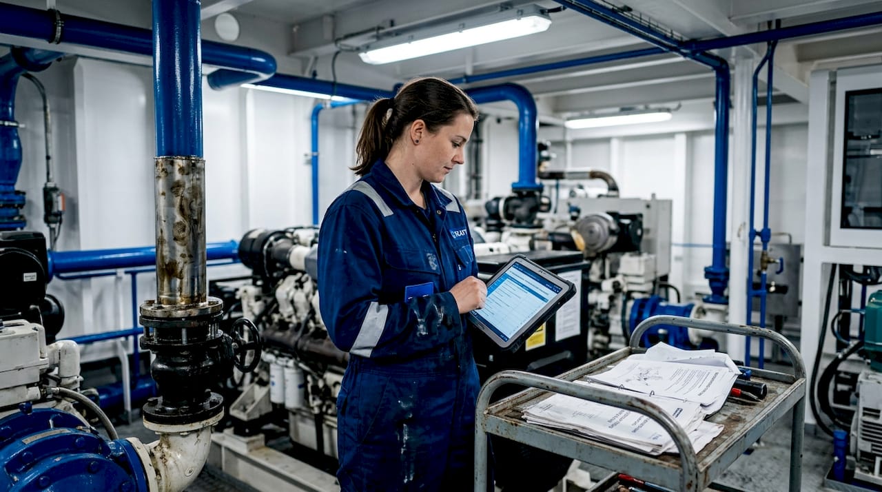 An Bord kontrolliert die Technikerin die digitalen Wartungsprotokolle.