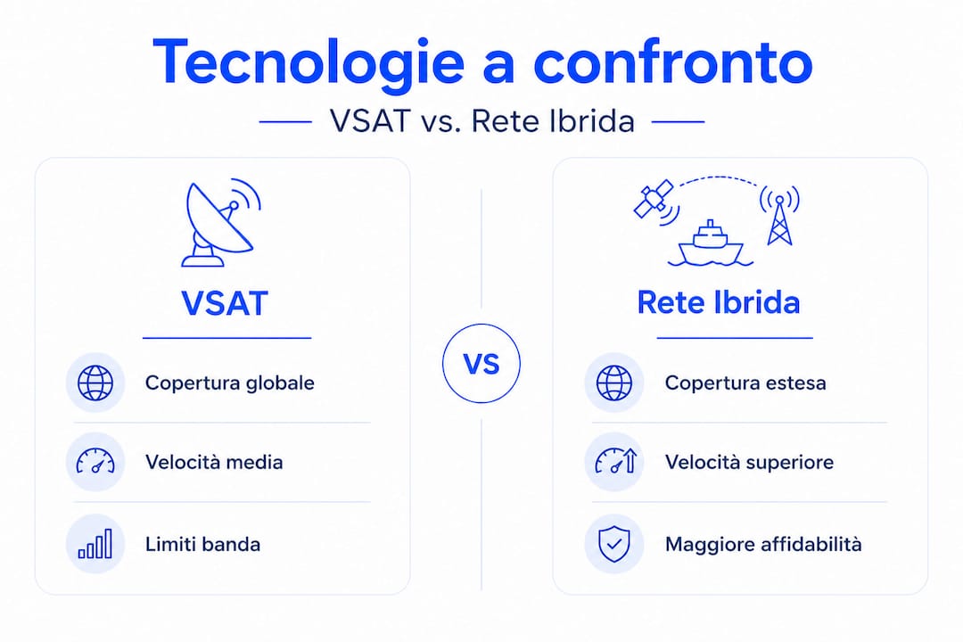 Infografica: confronto tra tecnologia VSAT e soluzioni di rete ibride per la connettività a bordo delle navi