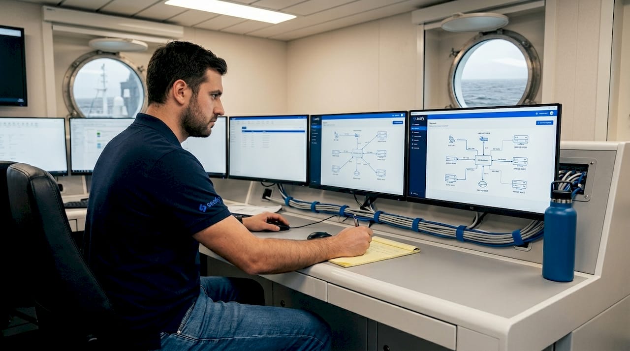 Ship Wi-Fi technician in control room monitoring network