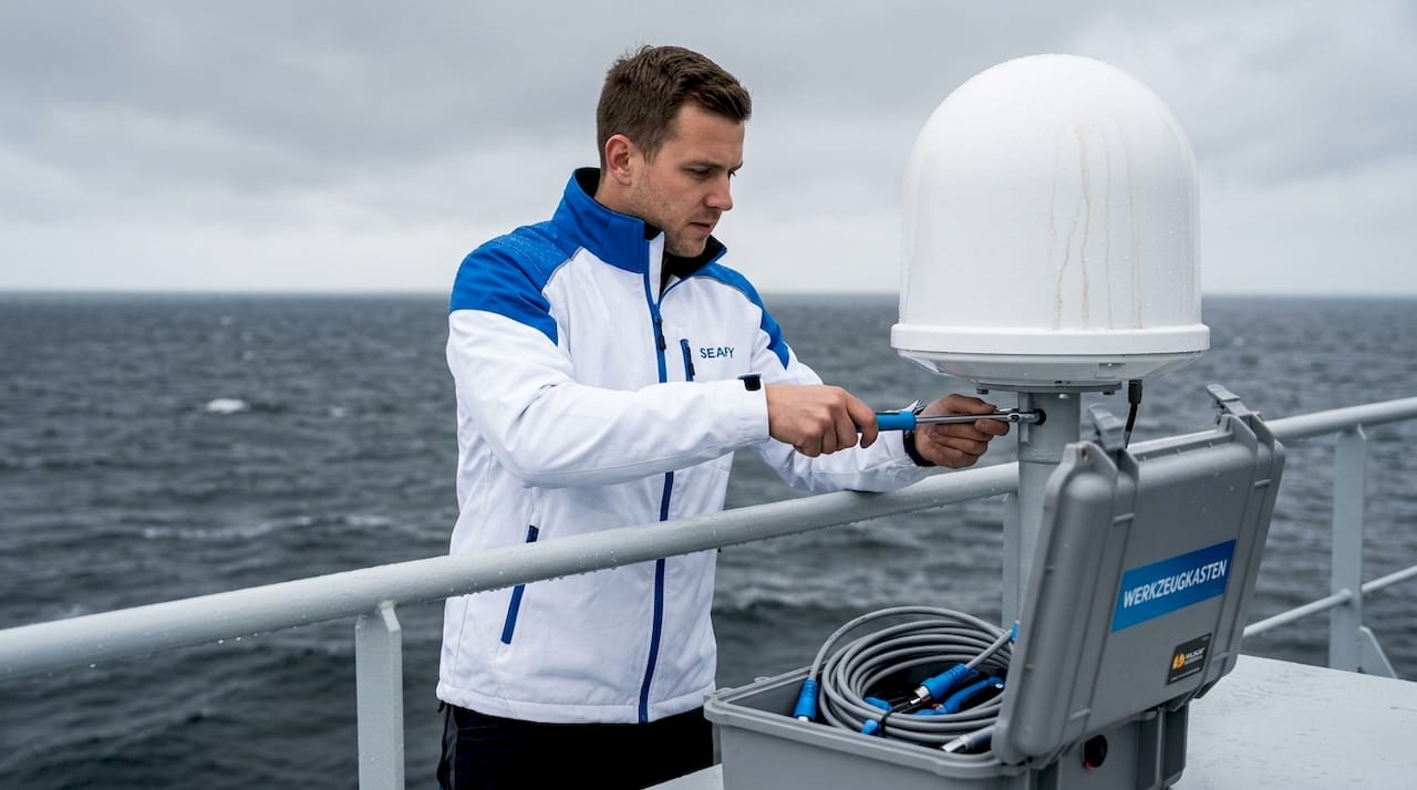 Ein Techniker überprüft die Satellitenantenne auf dem Deck eines Schiffes.