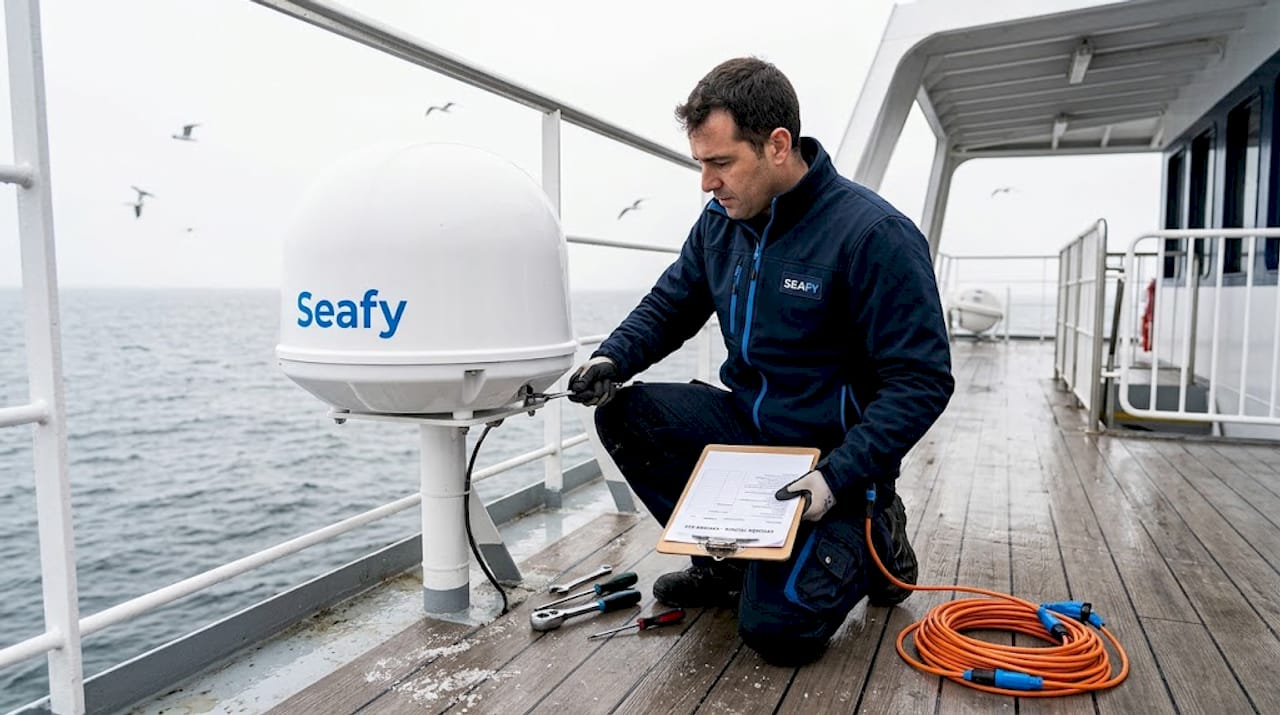 Un técnico revisa la antena satelital en la cubierta del ferry.