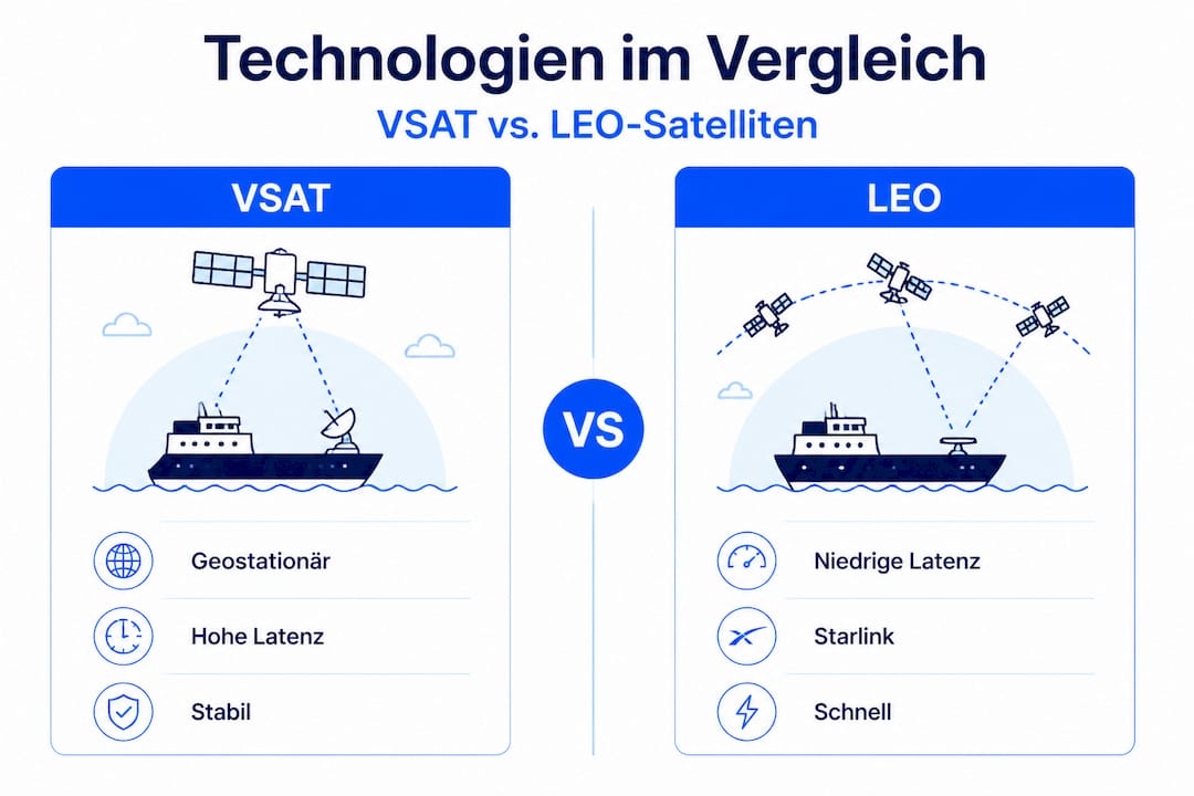 Infografik: Gegenüberstellung von VSAT- und LEO-Satelliten