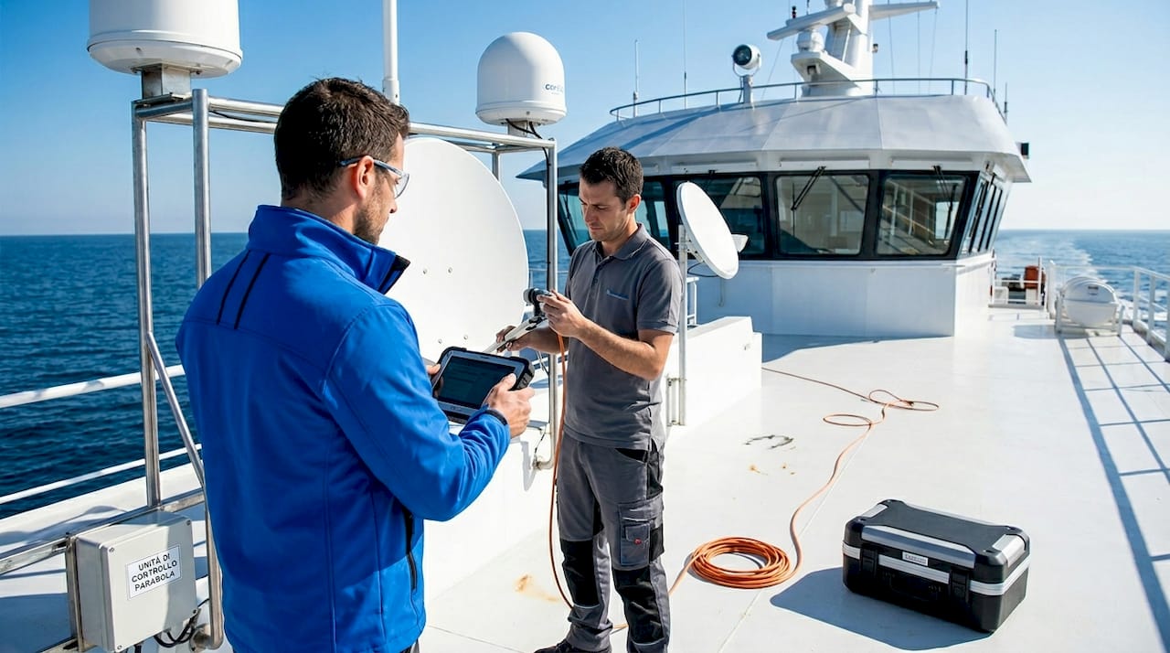 Gli operatori stanno effettuando dei controlli alle parabole installate a bordo della nave.
