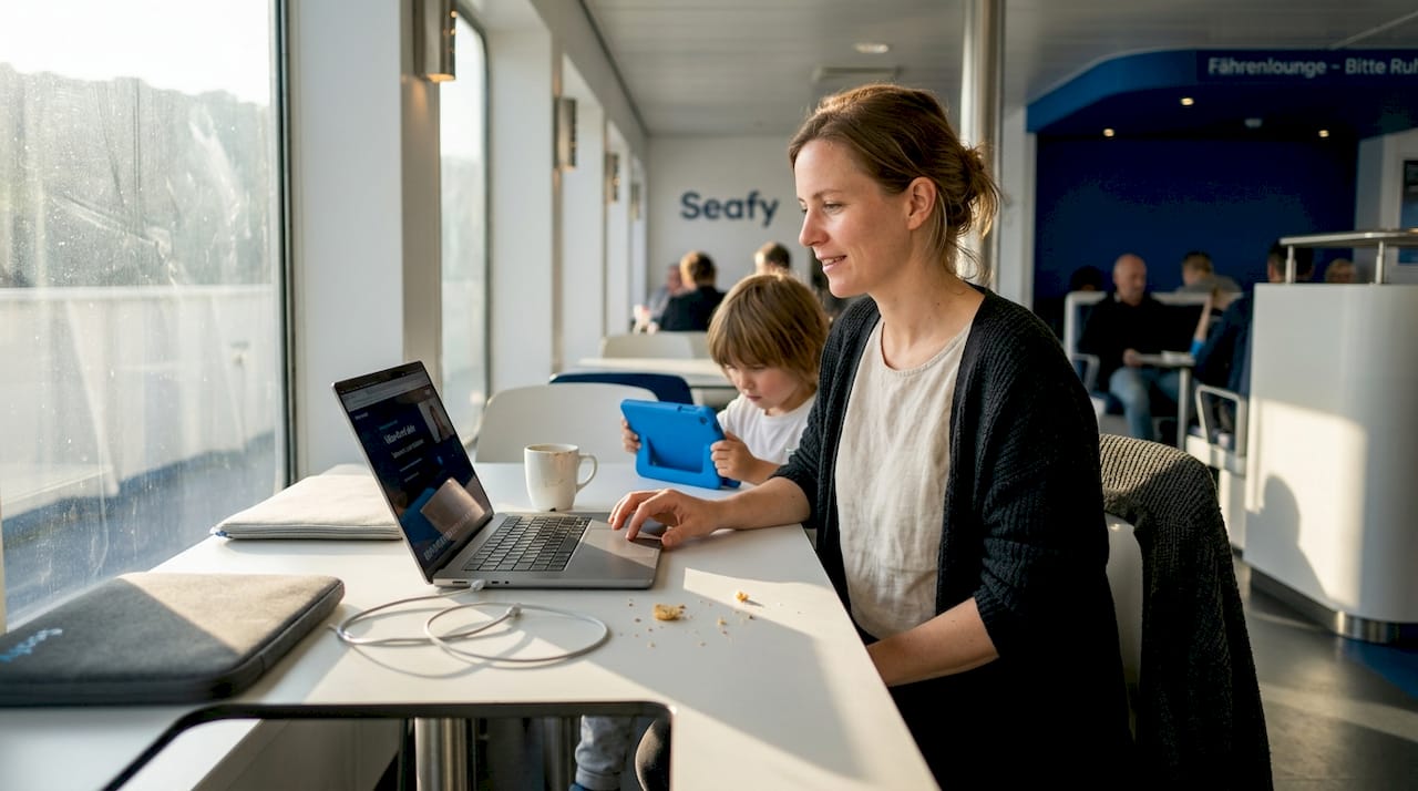 Eine Familie nutzt während der Fährfahrt gemeinsam ihre Smartphones und Tablets, um im Internet zu surfen.