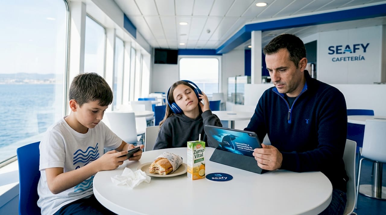 Una familia aprovecha el trayecto en ferry para utilizar sus dispositivos electrónicos.