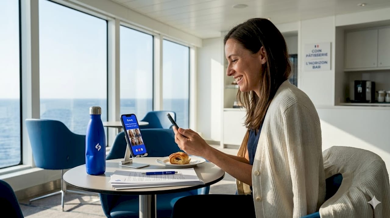 Une femme en pleine visioconférence, installée confortablement dans le salon d’un paquebot de croisière.