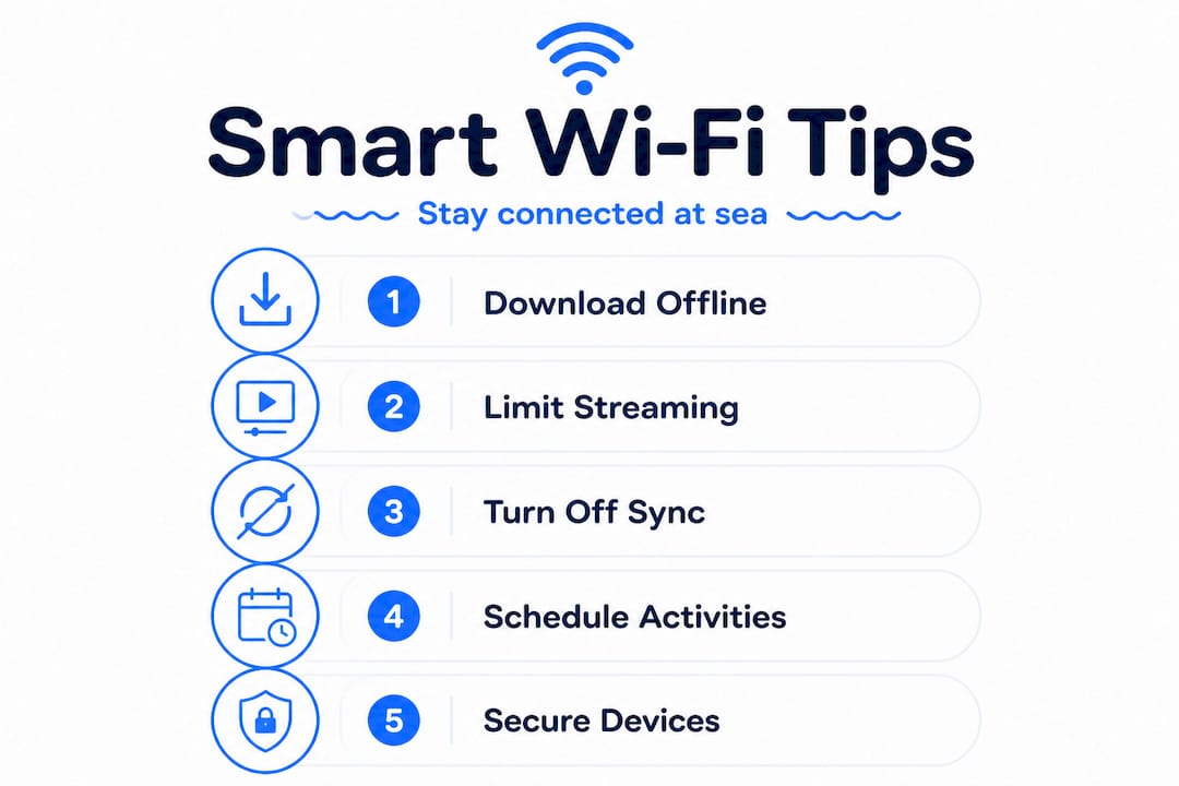 Infographic showing five smart onboard Wi-Fi tips