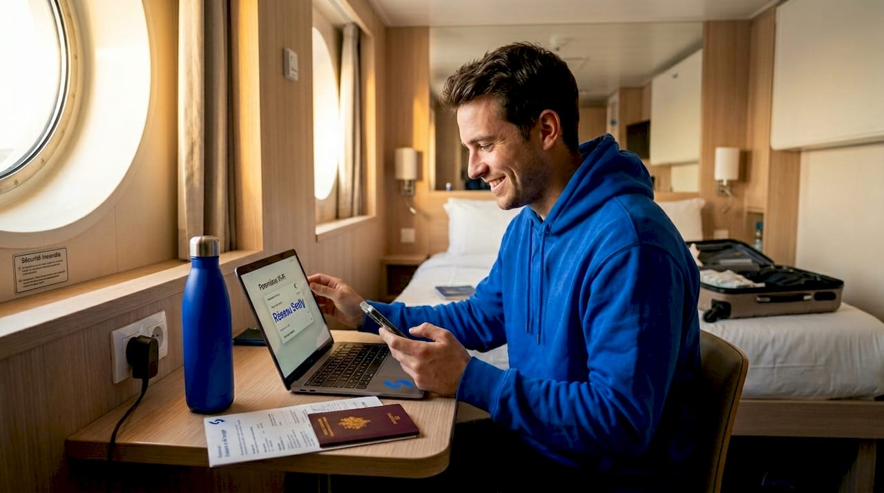 Passager de croisière jonglant avec ses appareils numériques