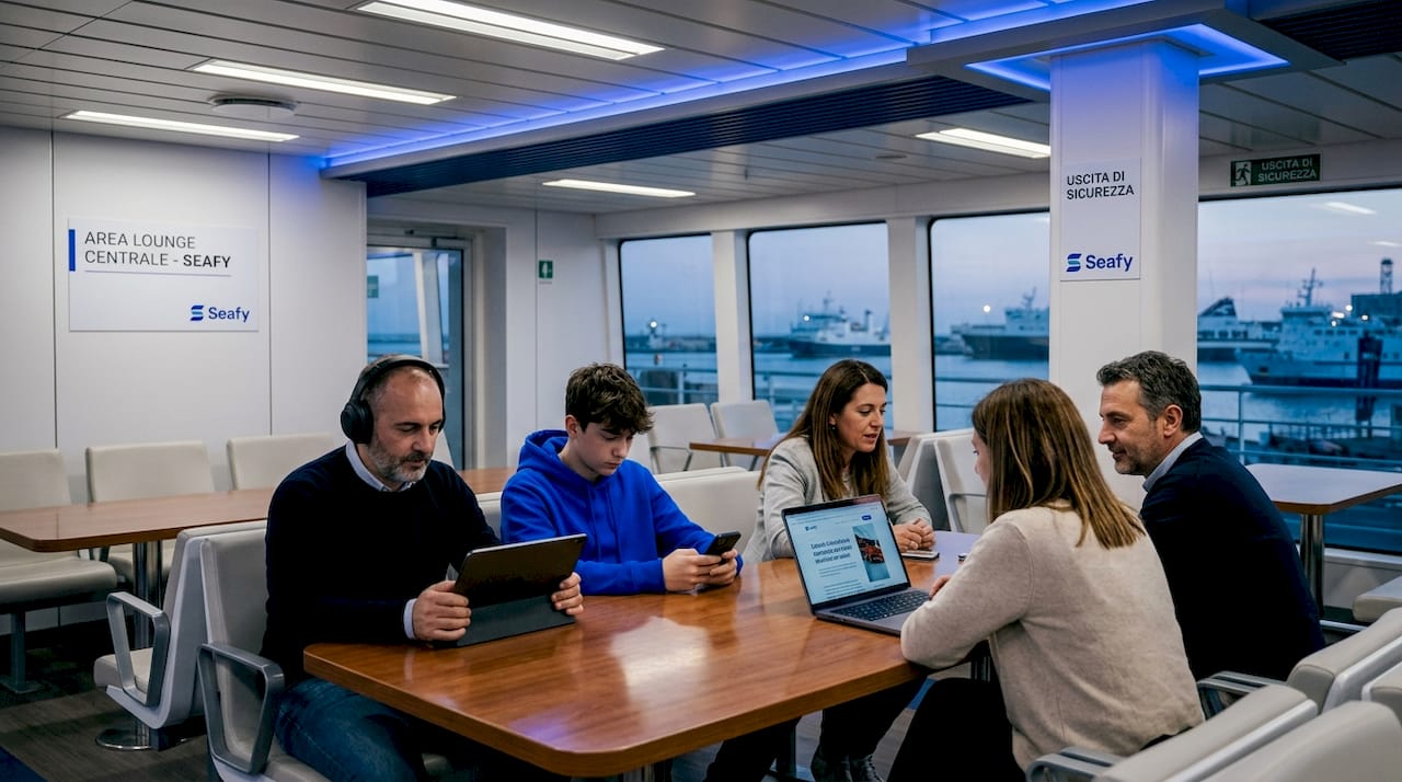 Passeggeri che navigano in internet dal loro dispositivo wifi nell’area lounge del traghetto