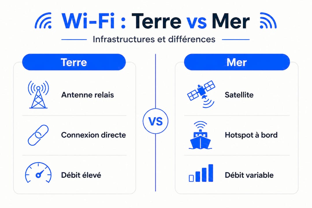Infographie : les différences entre le Wi-Fi à terre et en mer