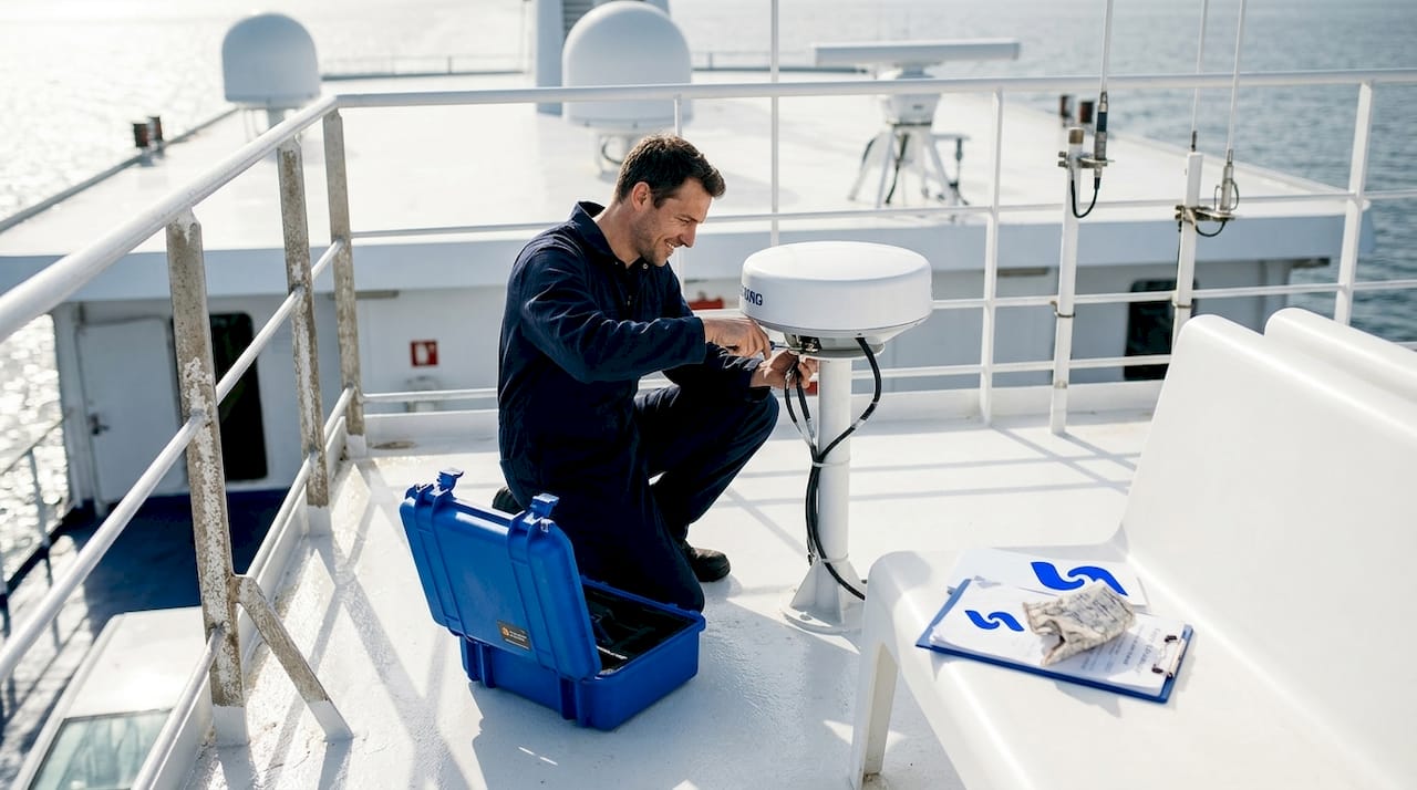 Un membre d’équipage s’occupe de l’entretien de l’antenne satellite du navire.