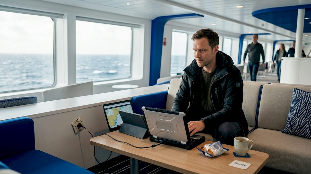 Ein Passagier arbeitet entspannt mit Laptop und Tablet in der Lounge an Bord des Schiffes.