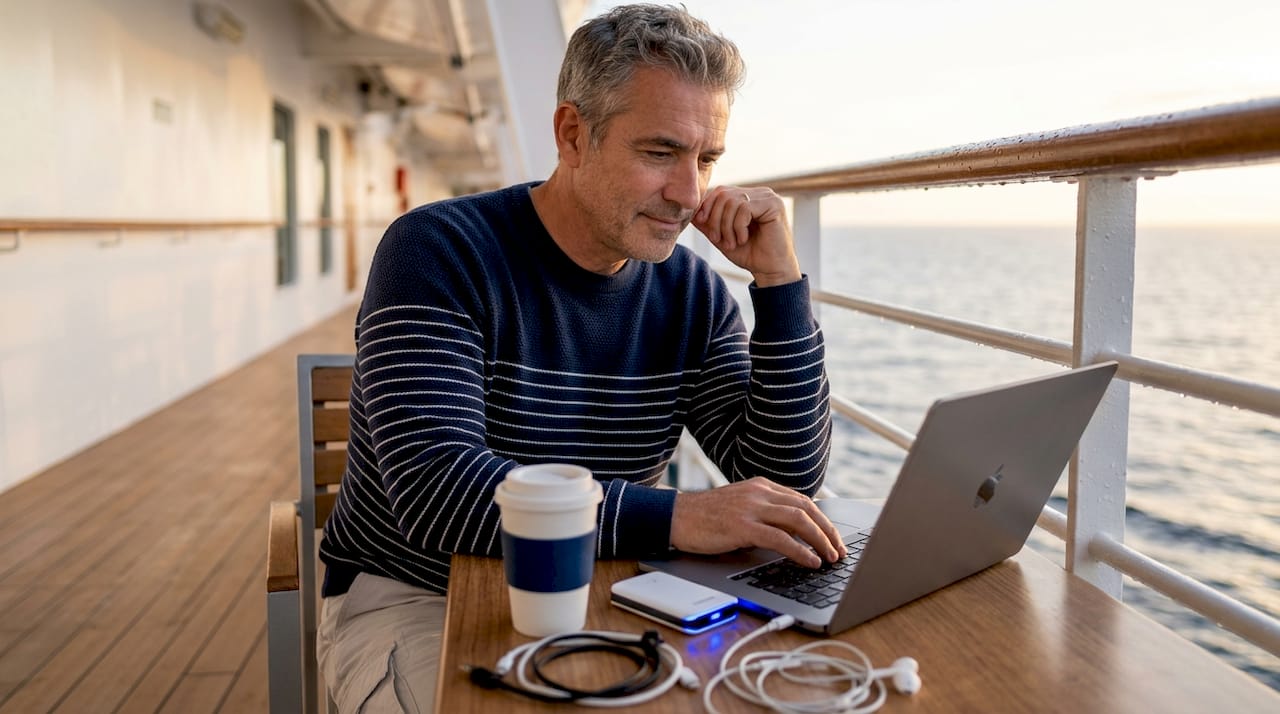 Un hombre disfruta de su conexión wifi portátil mientras navega en un crucero.
