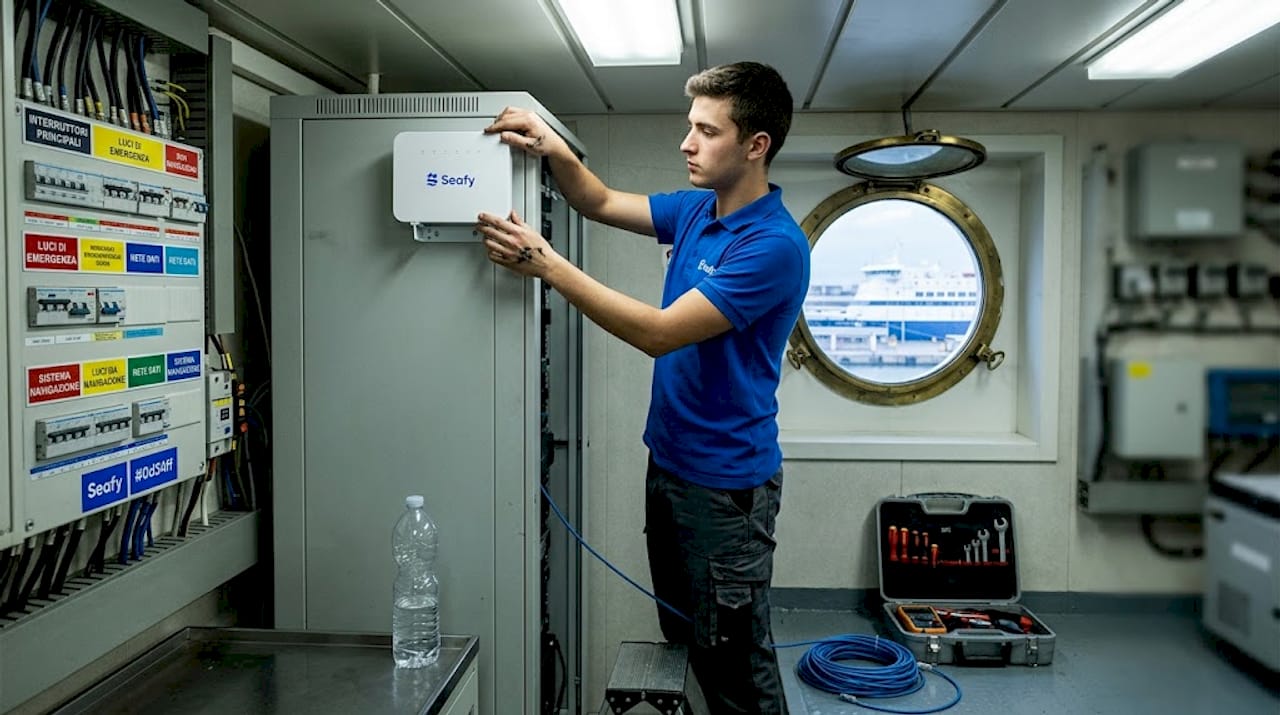 Un ingegnere si occupa dell’installazione del Wi-Fi a bordo di una nave.