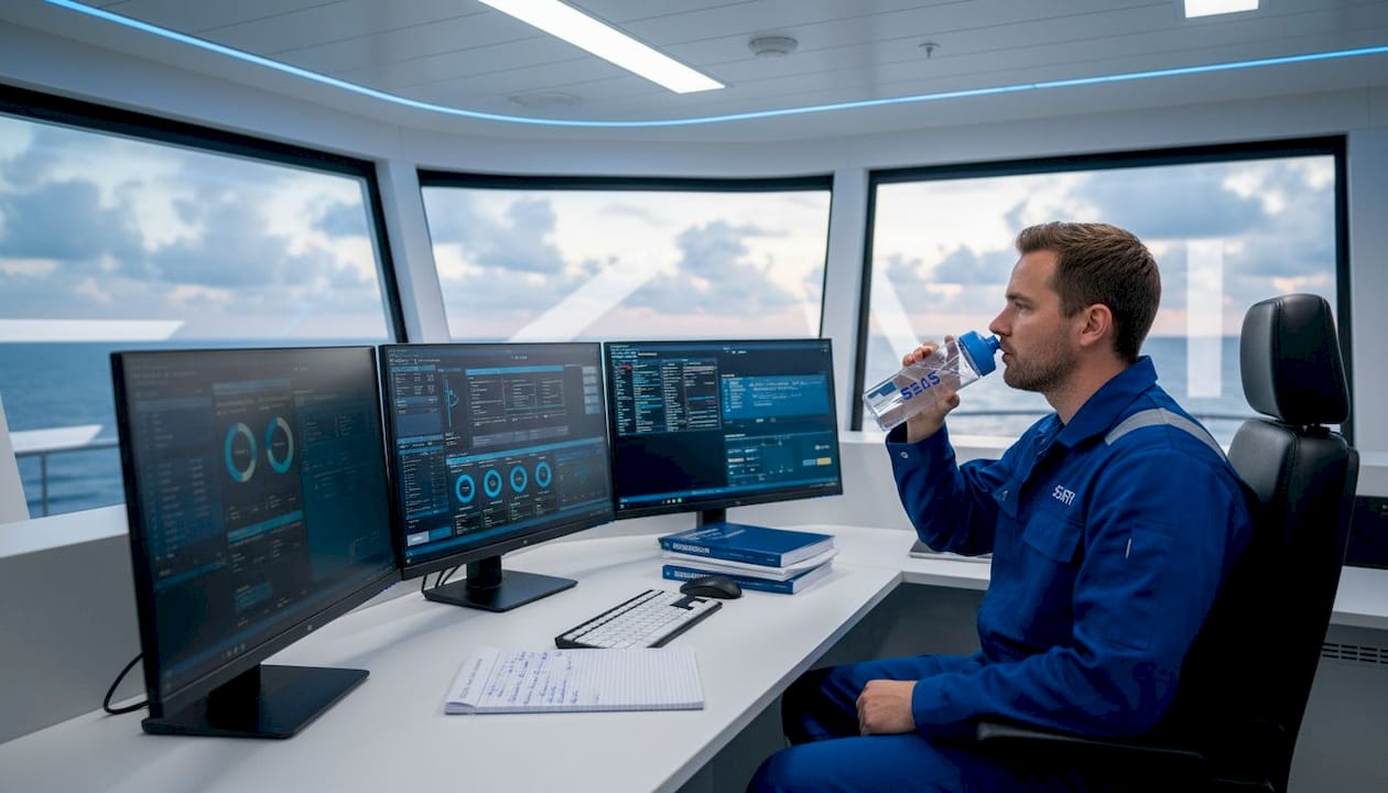 Ein Schiffsingenieur überwacht die Systeme von der Brücke aus an den Monitoren.