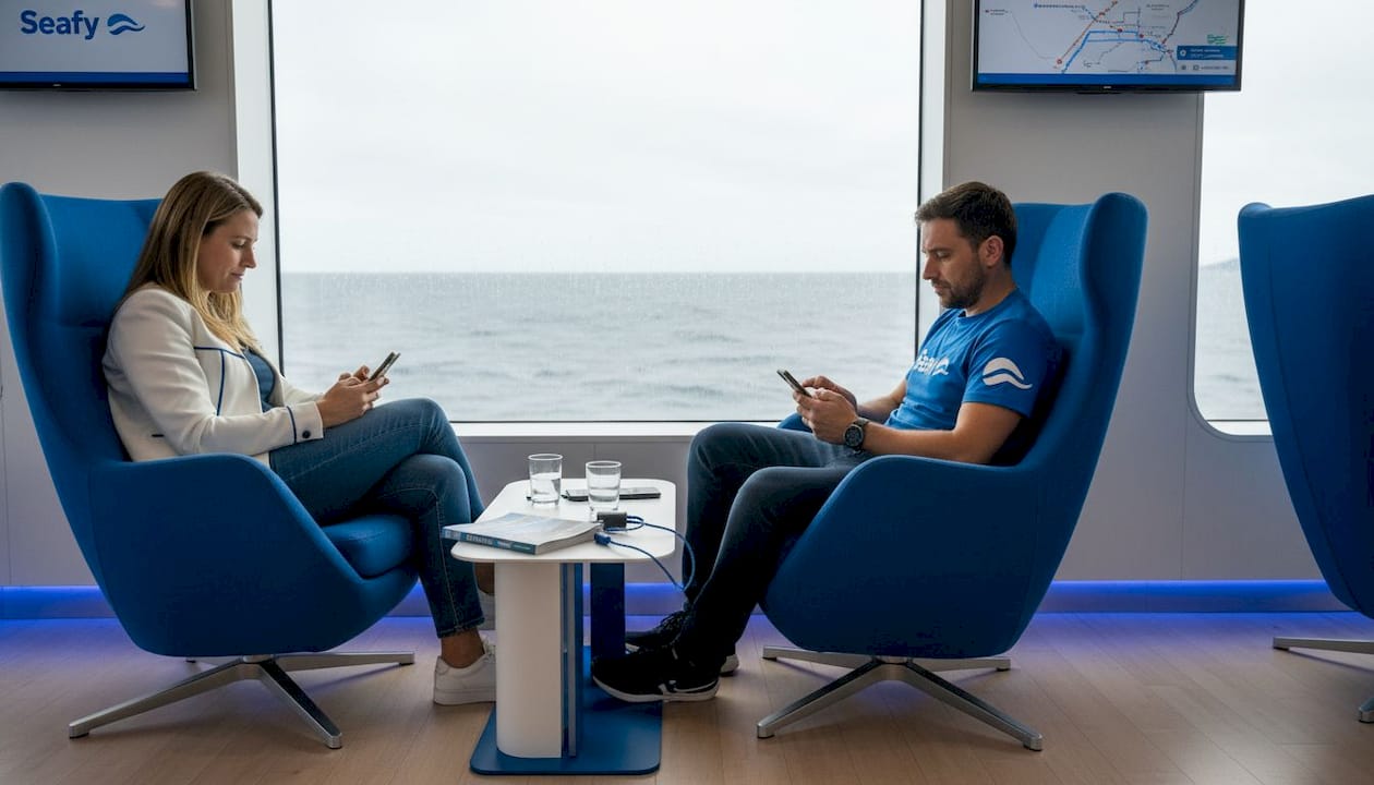 I passeggeri si collegano al Wi-Fi della nave rilassandosi in lounge