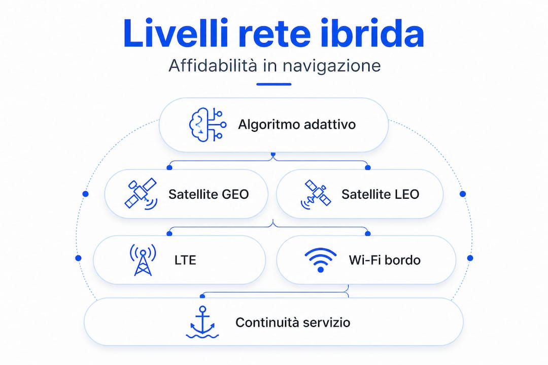 Infografica sui diversi livelli della rete ibrida nel settore marittimo