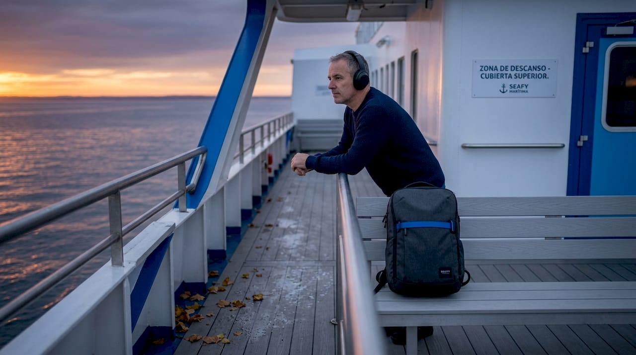 Un hombre disfruta de su podcast favorito en la terraza, resguardado en un rincón privado.