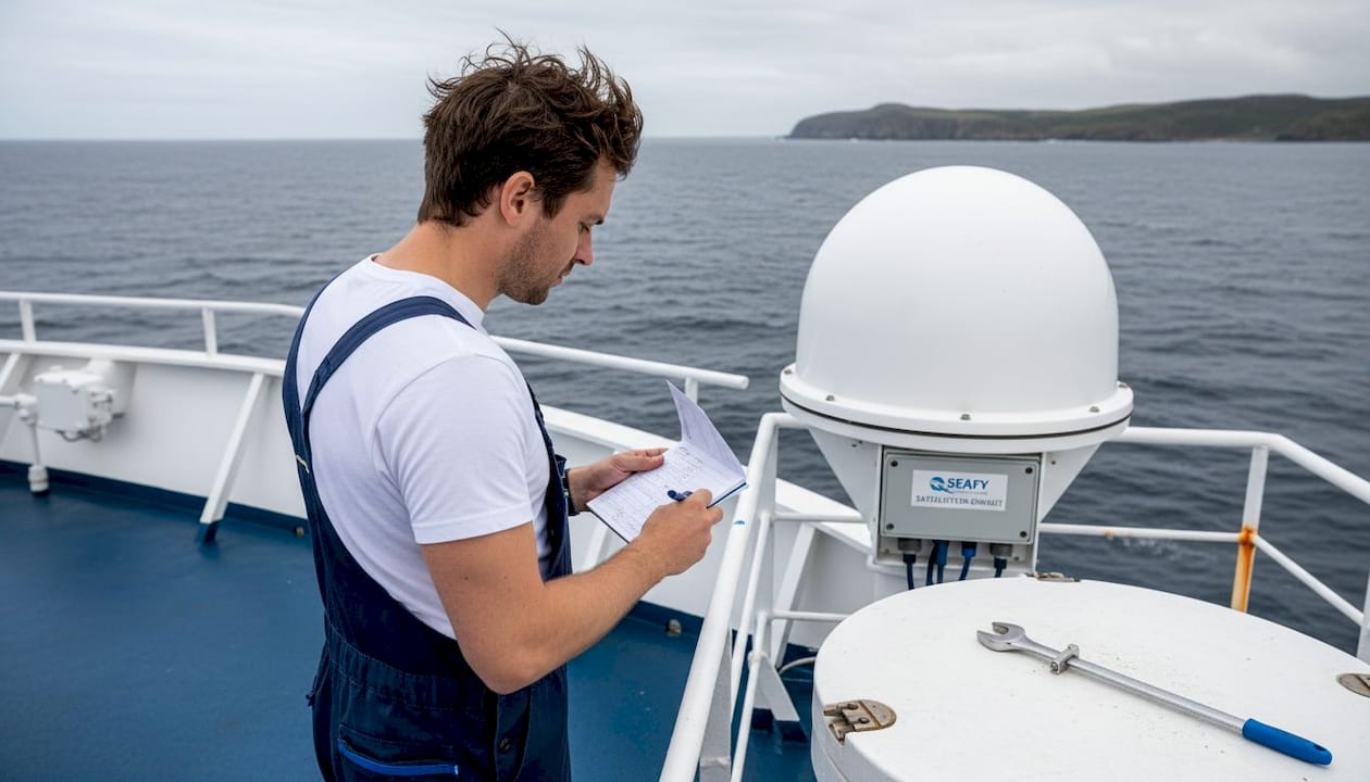 Ein Techniker überprüft die Satellitenantenne auf dem Deck eines Schiffes.