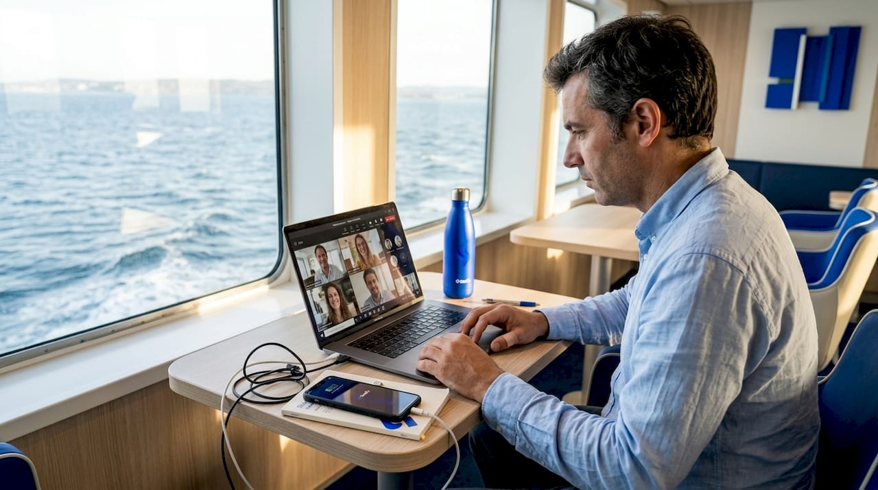 Un homme participe à une visioconférence depuis le ferry.