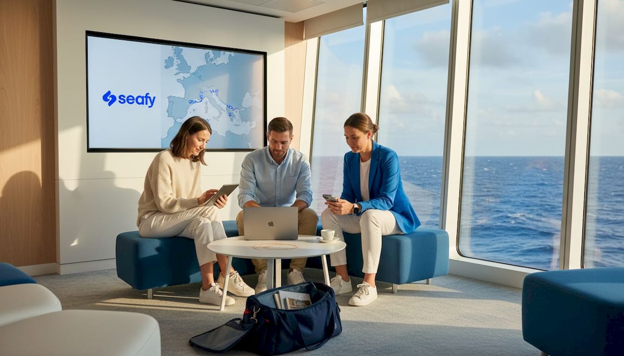 Cruise passengers using onboard Wi-Fi lounge