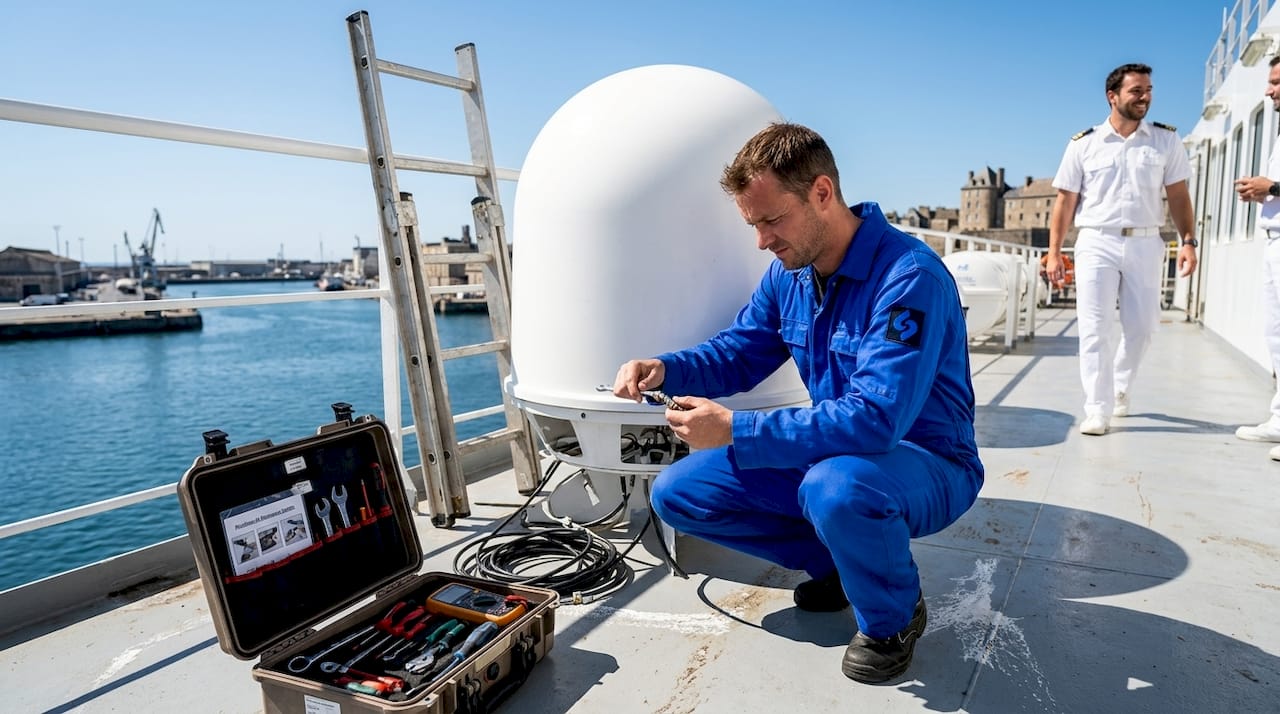 Un ingénieur procède à l’inspection des équipements satellitaires destinés à un ferry.