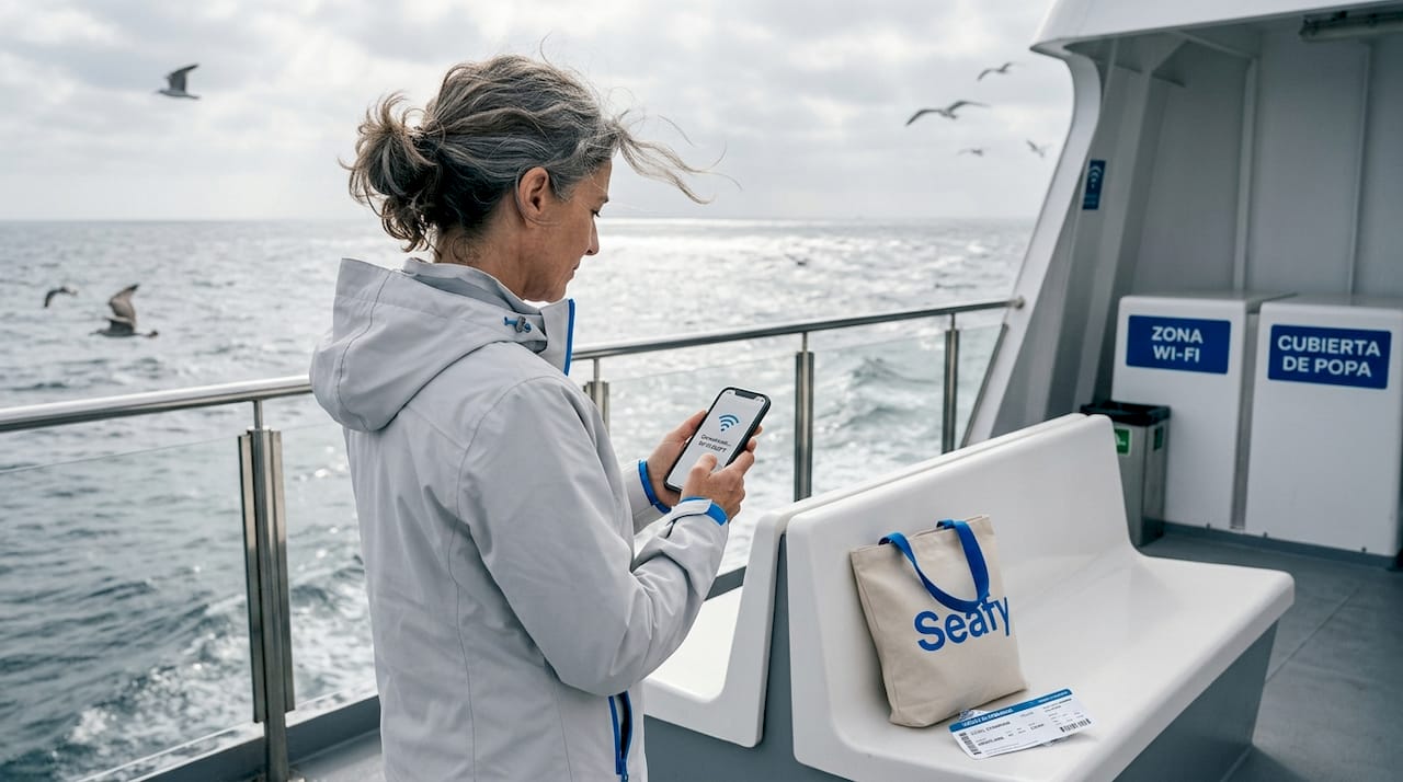 Un pasajero comprueba la conexión Wi-Fi mientras está en la cubierta del ferry.