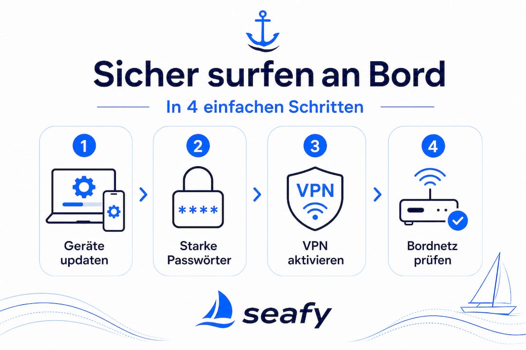 Vier praktische Tipps für sicheres Surfen im Internet auf See – kompakt in einer Infografik