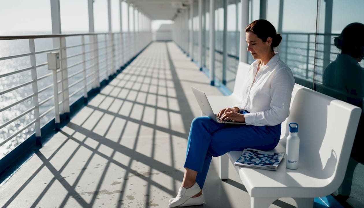 Eine Frau sitzt entspannt auf dem Deck eines Kreuzfahrtschiffs und arbeitet an ihrem Laptop – mit Blick aufs Meer.