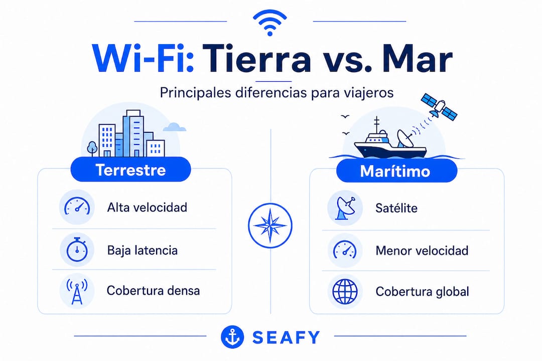 Infografía: diferencias clave entre la conexión Wi-Fi en tierra y en el mar